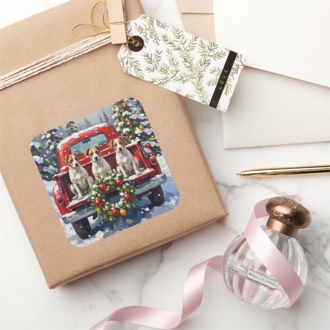 Sticker Carré Jack Russell Terrier Christmas Red Truck Holiday (Cadeaux)