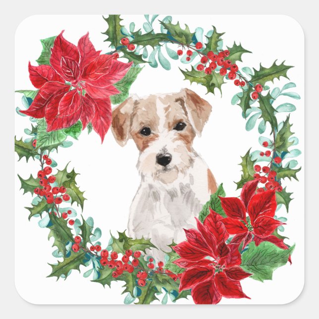 Sticker Carré Jack Russell Terrier Poinsettia couronne de Noël (Devant)