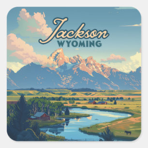 Sticker Carré Jackson Hole Wyoming Ranch Tetons Mountains Retro