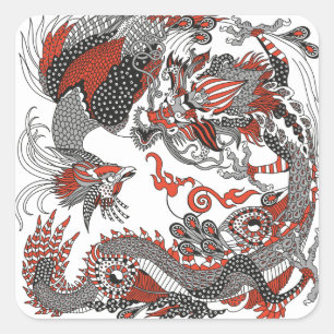 Sticker Carré Jade Dragon et Gold Phoenix jouant avec une perle 
