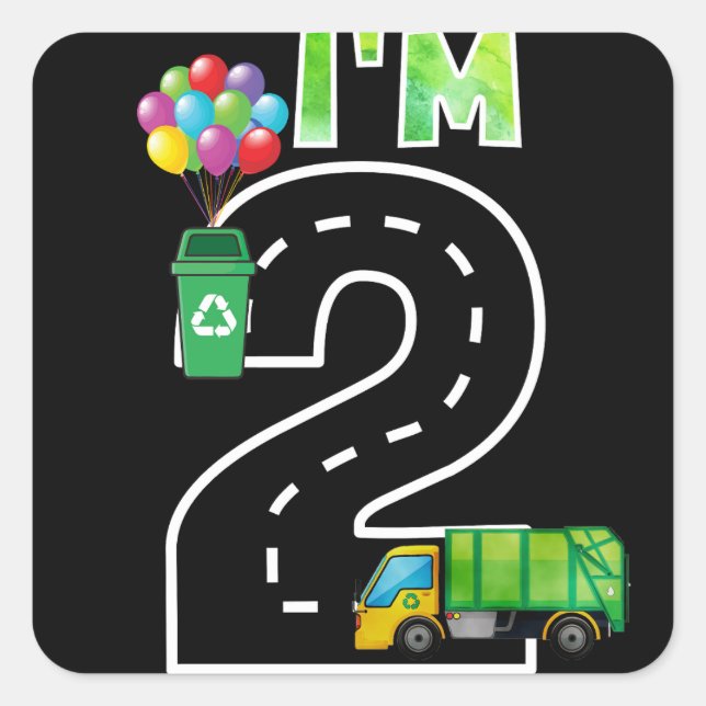 Sticker Carré J'ai 2 ans Anniversaire Garbage Truck (Devant)