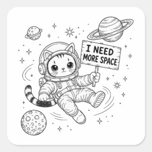 Sticker Carré J'ai Besoin De Plus D'espace Drôle Chat Astronaute