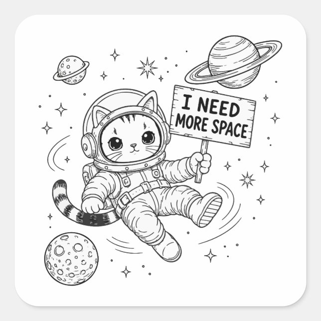 Sticker Carré J'ai Besoin De Plus D'espace Drôle Chat Astronaute (Devant)