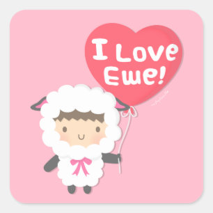 Sticker Carré J'Aime Ewe mignon Humour à la luge