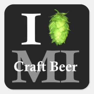 Sticker Carré J'aime (houblon) la bière de métier du Michigan