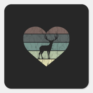 Sticker Carré J'aime le cœur rétro de cerf pour chasseur