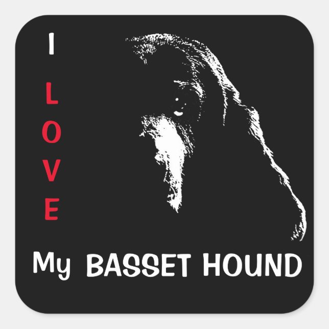 Sticker Carré J'Aime Mon Basset Hound (Devant)