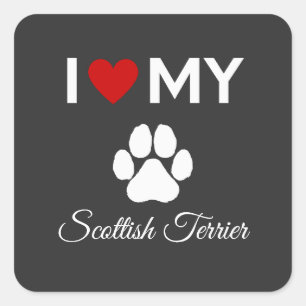 Sticker Carré J'aime mon Scottish Terrier chien texte personnali