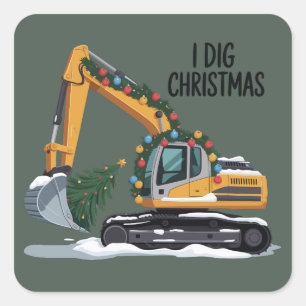 Sticker Carré J'aime Noël Excavatrice Santa Boy Drôle Enfants