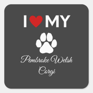 Sticker Carré J'aime Pembroke Welsh Corgi chien texte personnali
