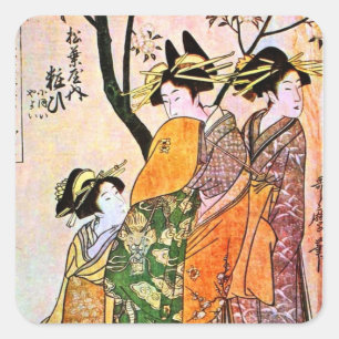Sticker Carré Japon Graving Three Geisha 1911