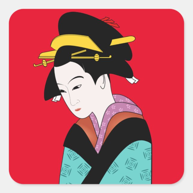 Sticker Carré Japonais Geisha kimono art mignon (Devant)