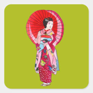 Sticker Carré Japonais Geisha rouge kimono art mignon