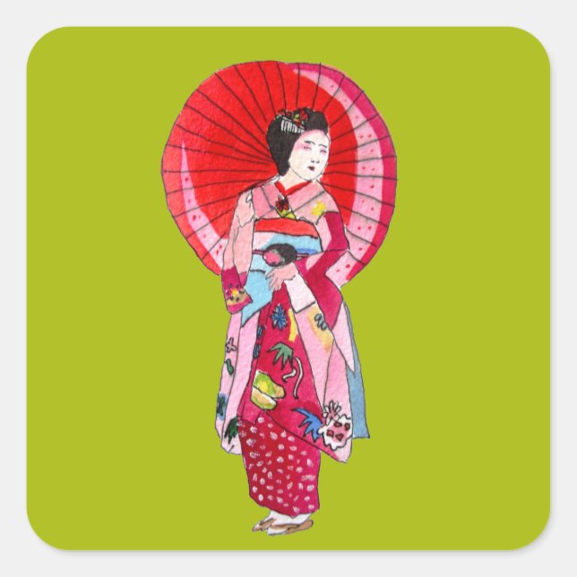 Sticker Carré Japonais Geisha rouge kimono art mignon (Devant)