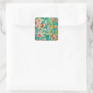 Sticker Carré Jardin botanique d'été vintage vert Fleurs Roses
