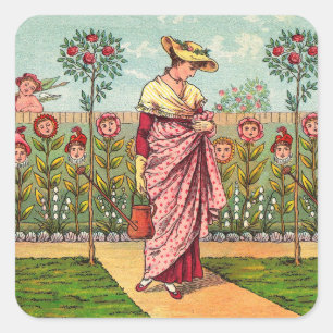 Sticker Carré Jardin Croître Fleur Femme Art Antique