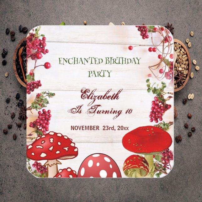 Sticker Carré Jardin de Baies Rouges Amanite Champignons Magique (Red Berry Garden Toadstool Kid's Magic Mushrooms Square Sticker)