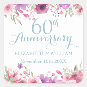 Sticker Carré Jardin de campagne Roses aquarelle 60e anniversair