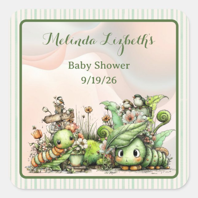 Sticker Carré Jardin de Chenille Mignonne Fête de Bébé (Devant)