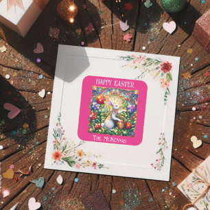 Sticker Carré Jardin de lapin Art Nouveau rose Élégant Pâques