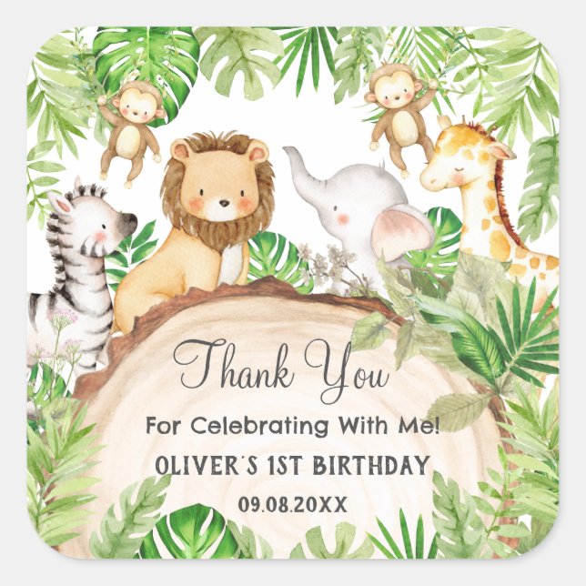 Sticker Carré Jardin de verdure Animaux 1er Baby shower d'annive (Devant)
