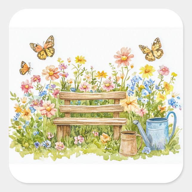 Sticker Carré Jardin d'été avec papillons (Devant)
