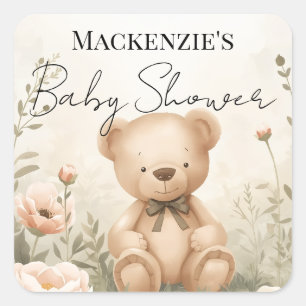 Sticker Carré Jardin d'ours en peluche Nom personnalisé Baby Sho