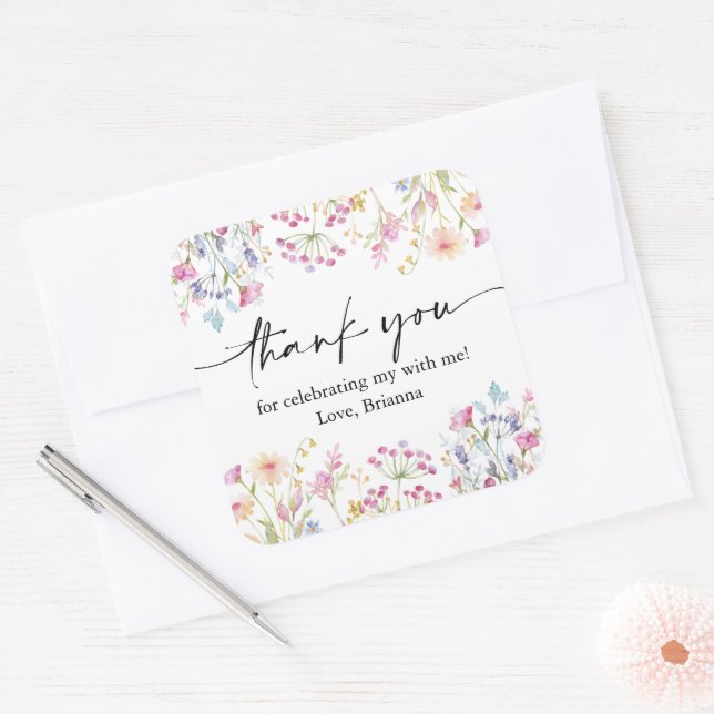 Sticker Carré Jardin fleur sauvage thème Fille aquarelle anniver (Enveloppe)