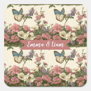 Sticker Carré Jardin Floral Papillon Printanier Vintage pour Cou