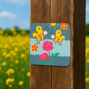 Sticker Carré Jardin Floral Rose et abeilles