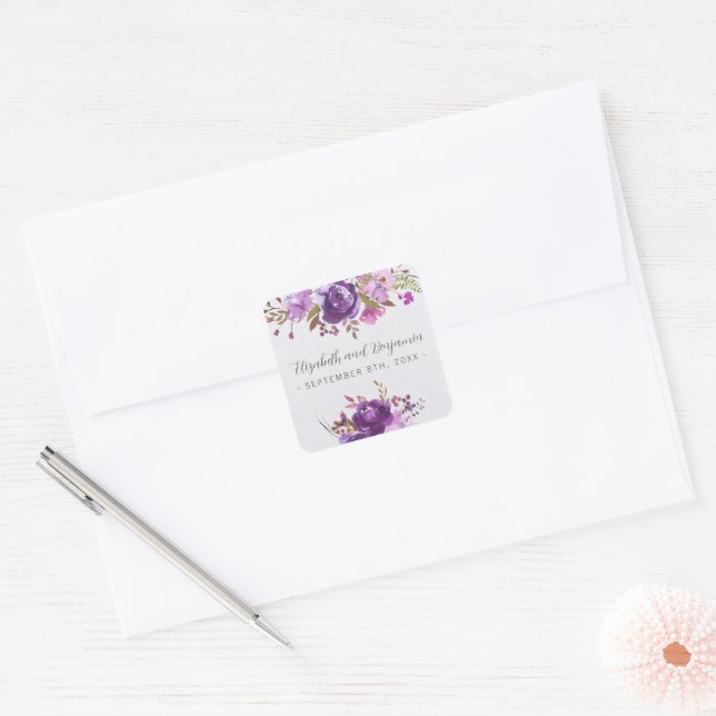 Sticker Carré Jardin Floral Violet Violet Lavande Peony Mariage (Enveloppe)