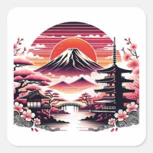 Sticker Carré Jardin japonais Sakura Mont Fuji Fleur de cerisier