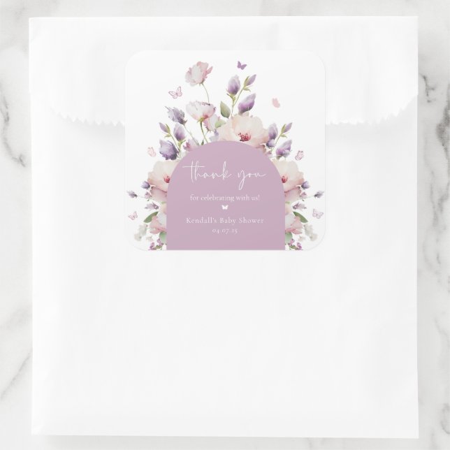 Sticker Carré Jardin papillon Baby shower Floral Merci (Sac)