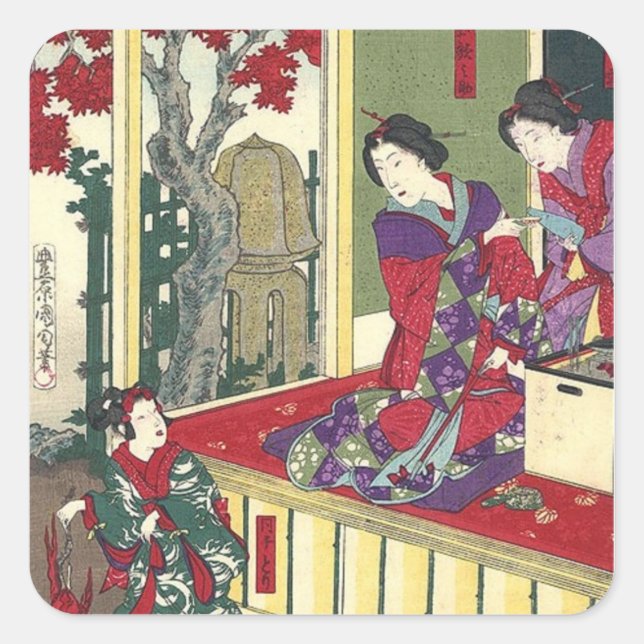 Sticker Carré jardin zen automne érable kimono japonais geisha (Devant)