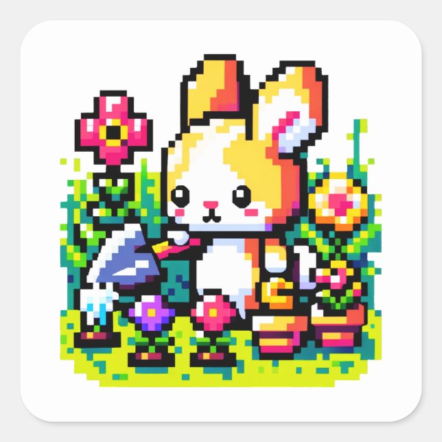 Sticker Carré Jardinage Bunny - Cute Pixel Art Design de la natu (Devant)