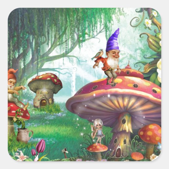 Sticker Carré Jardins de fleurs de champignons Gnomes enchantés (Devant)
