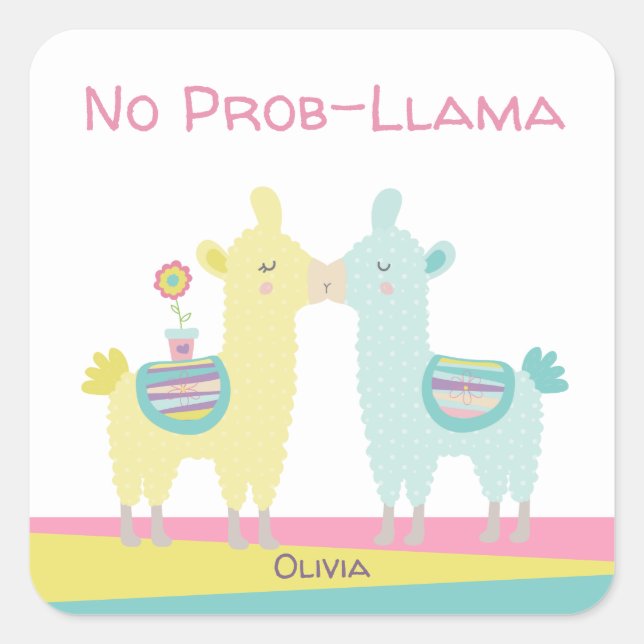 Sticker Carré Jaune aqua llama embrasser mignonette école kawaii (Devant)