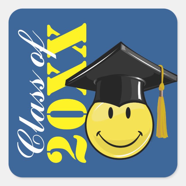 Sticker Carré Jaune Classique Avec Une Casquette De Diplôme (Devant)