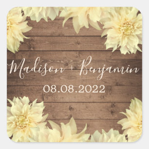 Sticker Carré Jaune Dahlia Fleur Russe Bois Mariage Date
