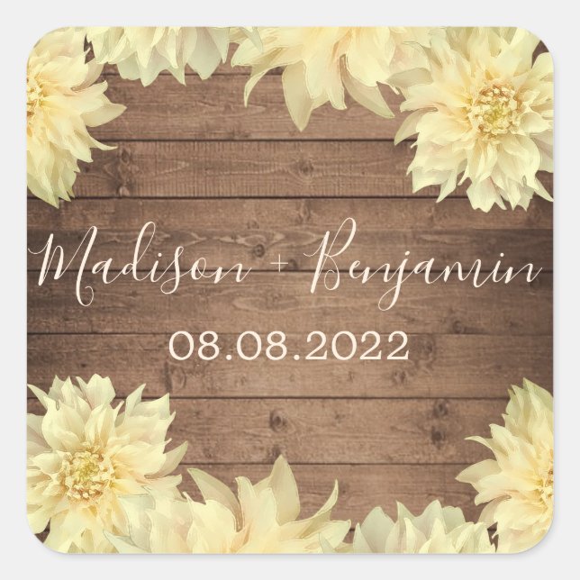 Sticker Carré Jaune Dahlia Fleur Russe Bois Mariage Date (Devant)