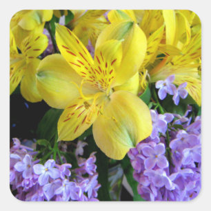 Sticker Carré Jaune et Fleurs Lilac Violettes