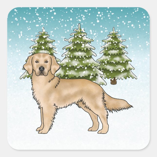 Sticker Carré Jaune Golden Retriever Chien Bleu neige Noël (Devant)