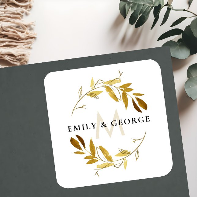 STICKER CARRÉ JAUNE OCRE GOLD FOLIAGE MONOGRAM WREATT MARIAGE (Créateur téléchargé)