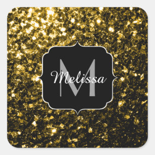 Sticker Carré Jaune or foncé faux paillettes scintillent Monogra