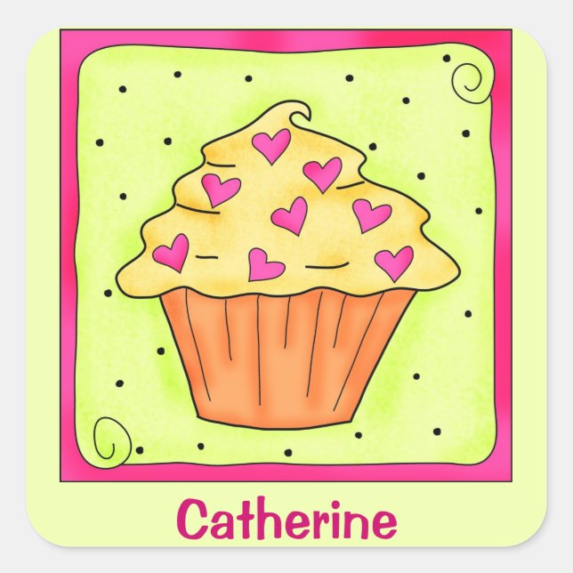 Sticker Carré Jaune Orange Sweet Heart Art Cupcake Personnalisé (Devant)
