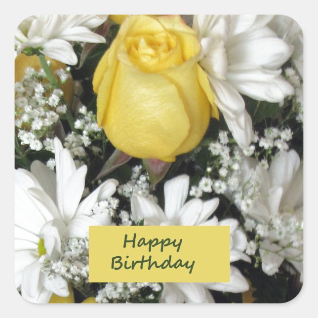 Sticker Carré Jaune Rose Blanc Daisie Anniversaire (Devant)