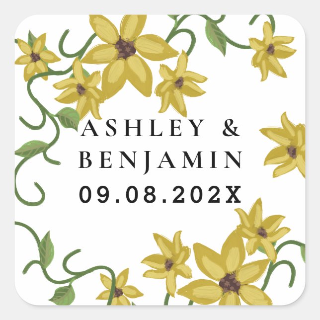 Sticker Carré Jaune Tournesol Floral Botanique Dessiné à la main (Devant)