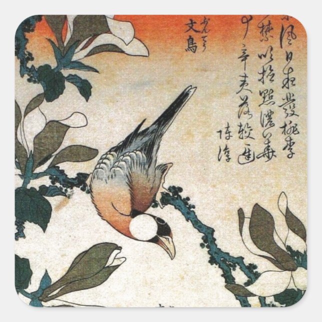 Sticker Carré Java Sparrow et Kobushi Magnolia (par Hokusai) (Devant)