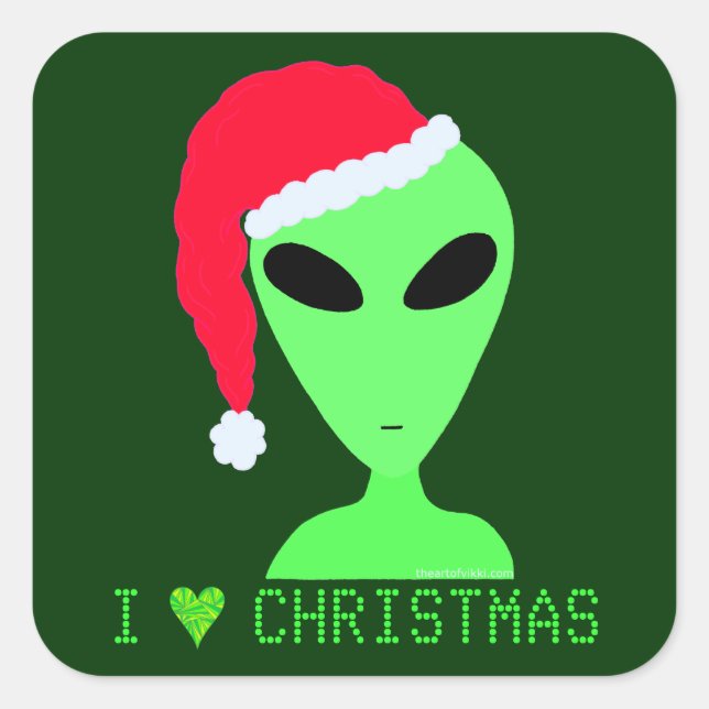 Sticker Carré Je Coeur L'Alien De Noël Dans Un Décal Amusant De  (Devant)