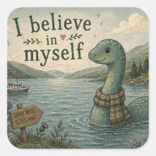 Sticker Carré Je crois en moi-même Monstre du Loch Ness fantaisi